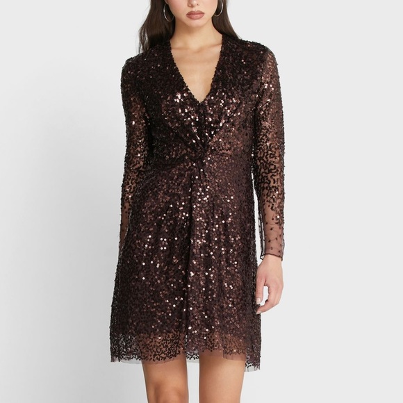 NEW FRENCH CONNECTION Emille Sparkle Long Sleeve Sequin Sheath Dress - Picture 2 of 12